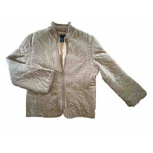 Carole Little 100% Silk Gold Quilted Coat Size XL V Collar Zipper Front Lined
